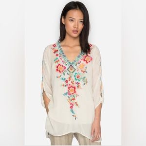 Johnny Was ROMA TUNIC Size XS floral embroidered blouse V Neck 3/4 Sleeve